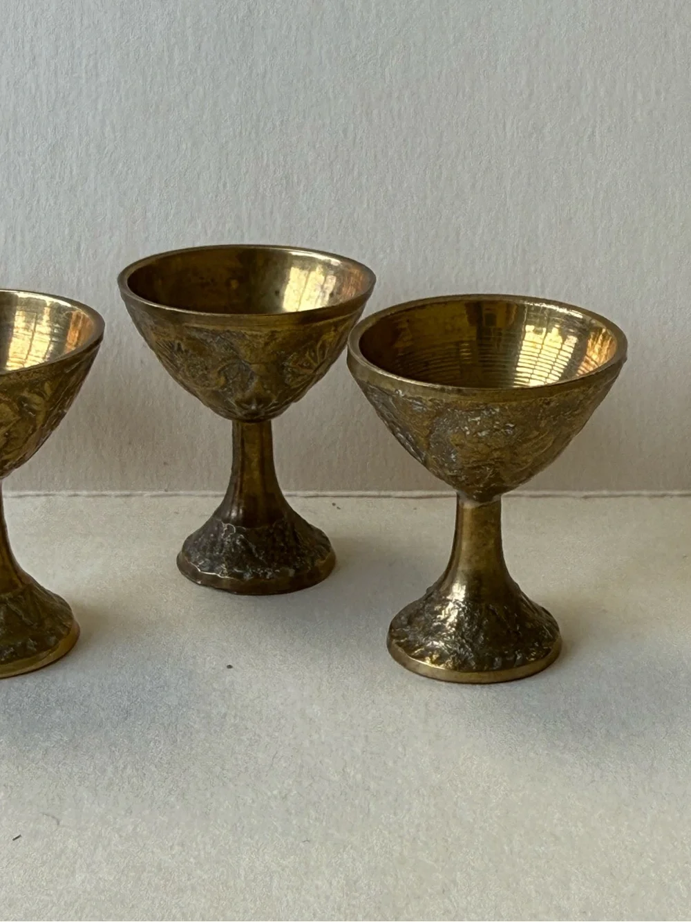Set of 4 Antique-Style Mini Brass Tea or Liquor Goblets.